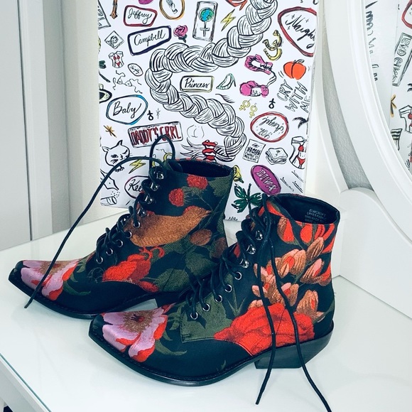 Jeffrey Campbell Shoes - Jeffrey Campbell Floral Heeled Boots - Black and Red